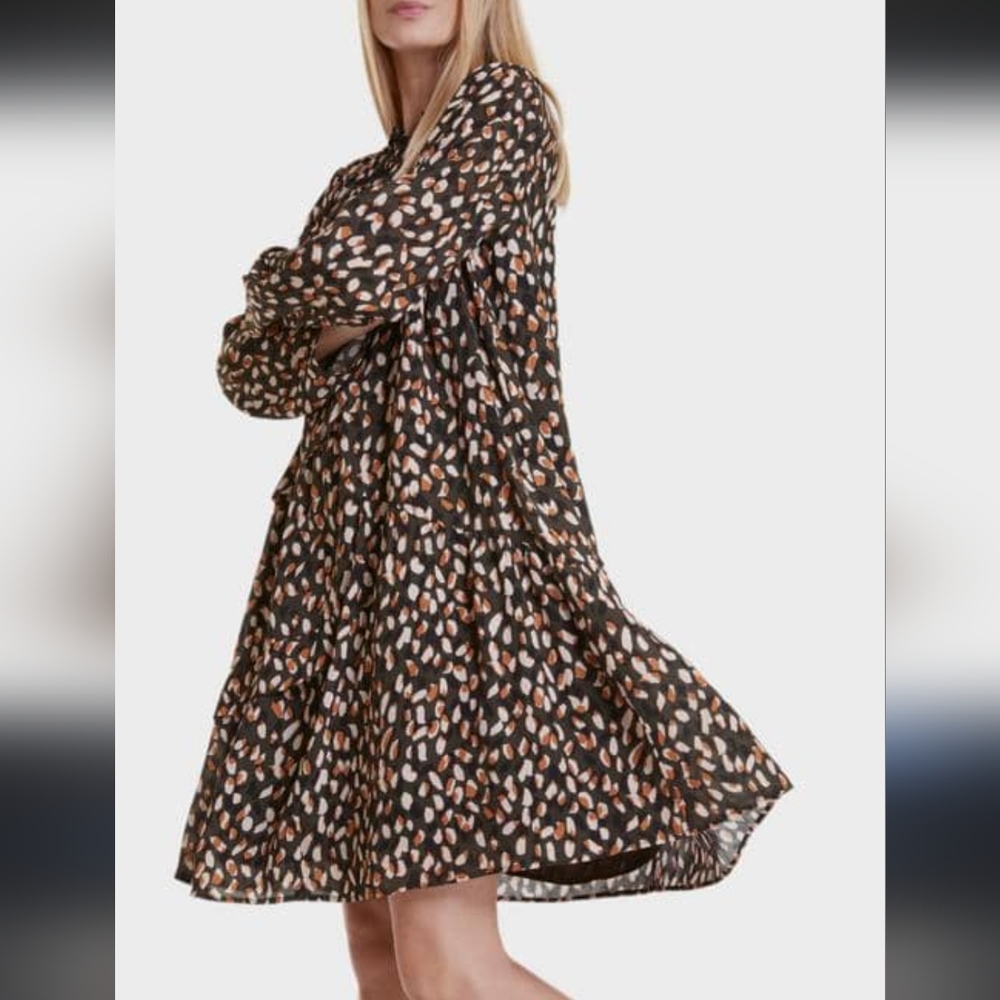 NEW Marc Cain brown spotted chiffon crepe knee length dress 12